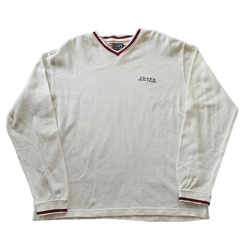 Vntg 90s Chaps Ralph Lauren Mens M Waffle Knit Sweater V‑Neck Pullover Old Money